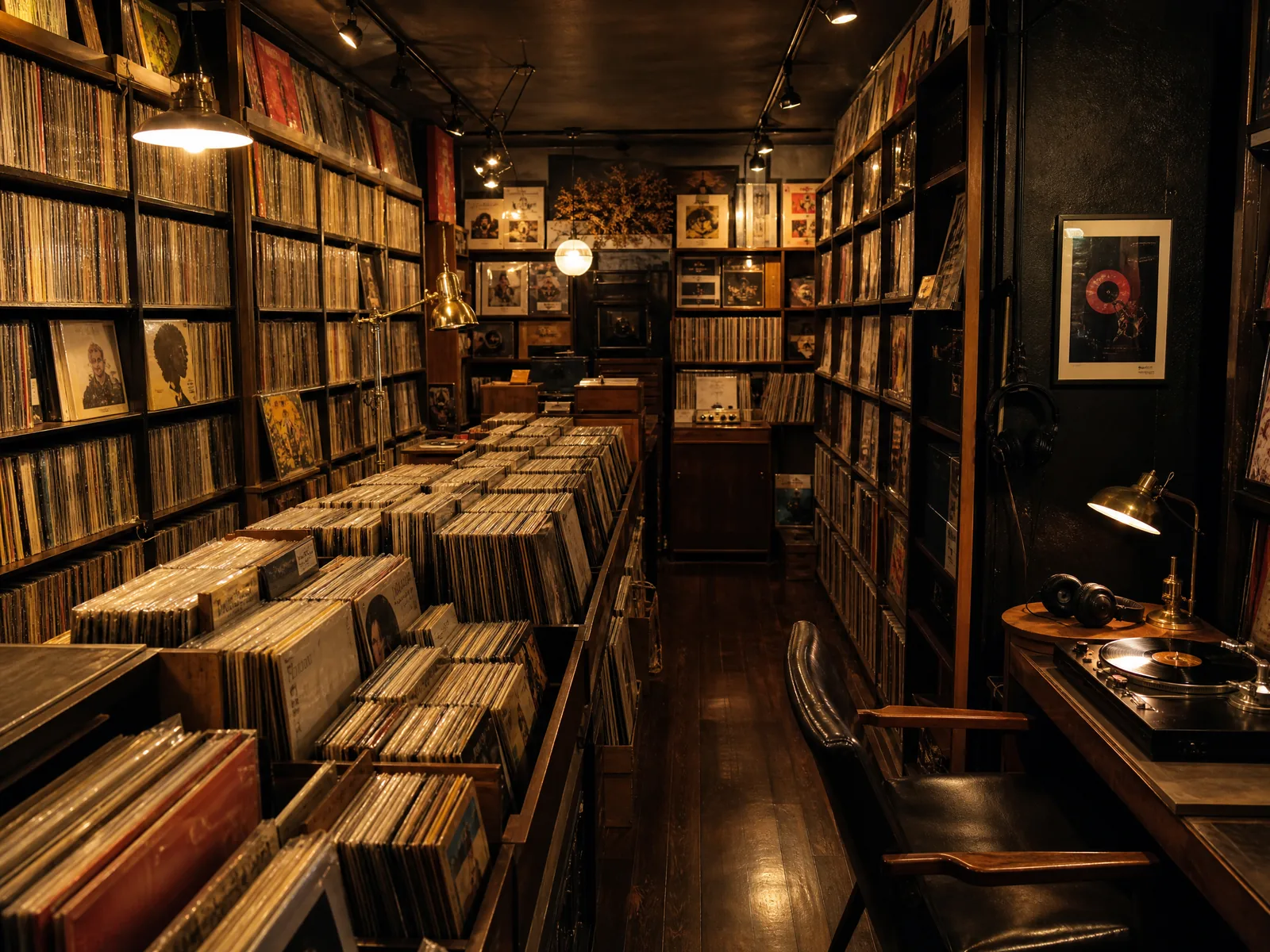 东京中古唱片店内景，​木质唱片箱与暖黄吊灯